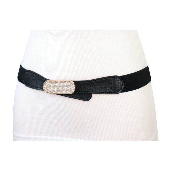 New Fun Women Black Stretch Waistband Fashion Belt Gold Oval Bling Buckle S M - Picture 16 of 17